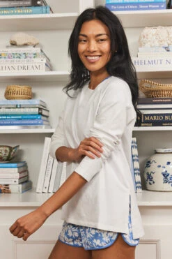 Lake Sweatshirt Tunic In White -Sleepwear Shop LAKE Spring2023 CHS SweatShirtTunic White ClassicShortsSet SkyFloral Final 0457