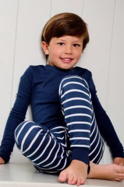Lake Kids Pima Pocket Long-Long Set In Navy Breton Stripe -Sleepwear Shop LAKE Webcrop Fall23 Lifestyle KidsPocketPimaLongLong NavyBretonStripe 1807