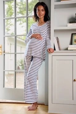 Lake Pima Maternity Wide Leg Pajama Set In White Breton Stripe -Sleepwear Shop LAKE Webcrop Fall23 Lifestyle MaternityPimaWideLegPajamaSet WhiteBretonStripe 5914