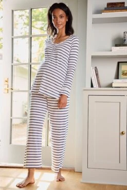 Lake Pima Maternity Wide Leg Pajama Set In White Breton Stripe -Sleepwear Shop LAKE Webcrop Fall23 Lifestyle MaternityPimaWideLegPajamaSet WhiteBretonStripe 5970