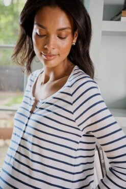 Lake Pima Maternity Wide Leg Pajama Set In White Breton Stripe -Sleepwear Shop LAKE Webcrop Fall23 Lifestyle MaternityPimaWideLegPajamaSet WhiteBretonStripe 6043