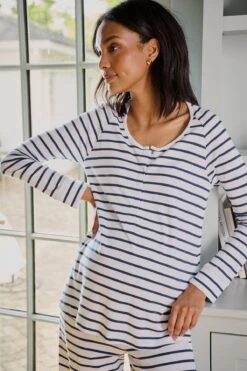 Lake Pima Maternity Wide Leg Pajama Set In White Breton Stripe -Sleepwear Shop LAKE Webcrop Fall23 Lifestyle MaternityPimaWideLegPajamaSet WhiteBretonStripe 6060