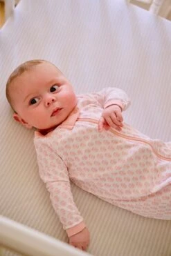 Lake Baby Sleeper In English Rose Blockprint -Sleepwear Shop LAKE Webcrop Fall23 Lifestyle PimaFootedSleeper EnglishRoseBlockprint 0852