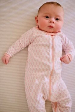 Lake Baby Sleeper In English Rose Blockprint -Sleepwear Shop LAKE Webcrop Fall23 Lifestyle PimaFootedSleeper EnglishRoseBlockprint 0874