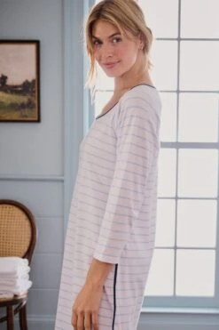 Lake Pima Long Sleeve Nightgown In Marine -Sleepwear Shop LAKE Webcrop Fall23 Lifestyle PimaLongSleeveNG Marine 0117