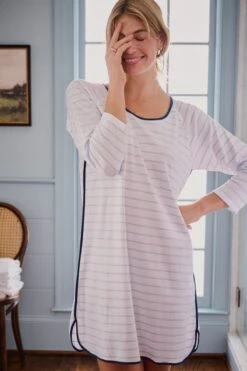 Lake Pima Long Sleeve Nightgown In Marine -Sleepwear Shop LAKE Webcrop Fall23 Lifestyle PimaLongSleeveNG Marine 0129