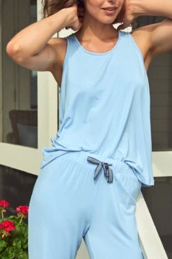 Lake DreamKnit Ribbon Tank-Long Set In Chambray Blue -Sleepwear Shop LAKE Webcrop Summer23 DreamKnitRibbonTankSet MidBlue 13461