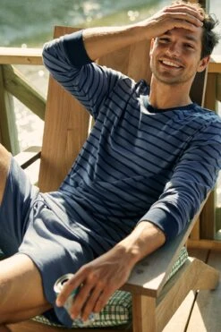 Sleepwear Shop -Sleepwear Shop LAKE Webcrop Summer23 MensLongSleeveShortsSet OceanBlueStripe 5388