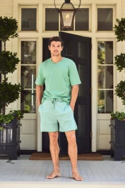 Lake Men's Pima Pajama Shorts Set In Spruce -Sleepwear Shop LAKE Webcrop Summer23 MensPimaShortsSet Spruce 8734