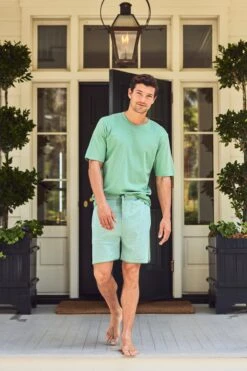 Lake Men's Pima Pajama Shorts Set In Spruce -Sleepwear Shop LAKE Webcrop Summer23 MensPimaShortsSet Spruce 8741