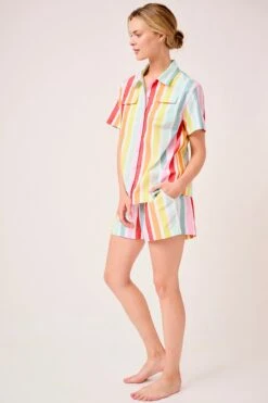 Lake Sadie Shorts Set In Rainbow Stripe -Sleepwear Shop LAKE Webcrop 0049 LAKE Fall23 Studio SadieShortsSet RainbowStripe 0035