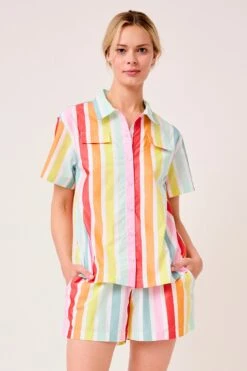 Lake Sadie Shorts Set In Rainbow Stripe -Sleepwear Shop LAKE Webcrop 0050 LAKE Fall23 Studio SadieShortsSet RainbowStripe 0001