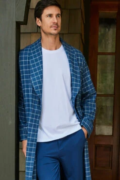 Lake Men's Flannel Robe In Navy Windowpane -Sleepwear Shop LAKE Website WebCrop Holiday22 0071