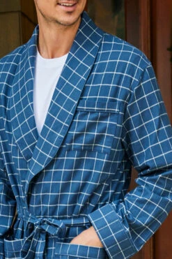 Lake Men's Flannel Robe In Navy Windowpane -Sleepwear Shop LAKE Website WebCrop Holiday22 0134