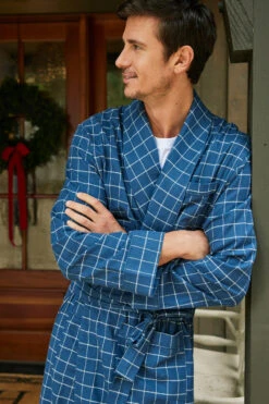 Lake Men's Flannel Robe In Navy Windowpane -Sleepwear Shop LAKE Website WebCrop Holiday22 0162