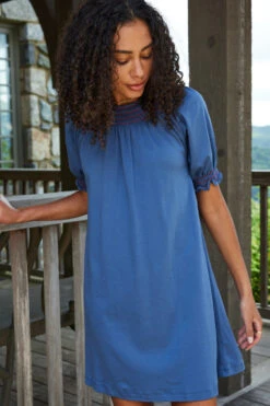 Lake Pima Smocked Nightgown In Navy 8 Lake Pima Smocked Nightgown In Navy -Sleepwear Shop LAKE Website WebCrop Holiday22 10494