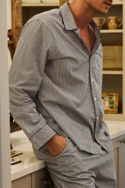 Lake Men's Poplin Pajama Set In Navy Stripe -Sleepwear Shop LAKE Website WebCrop Holiday22 3568