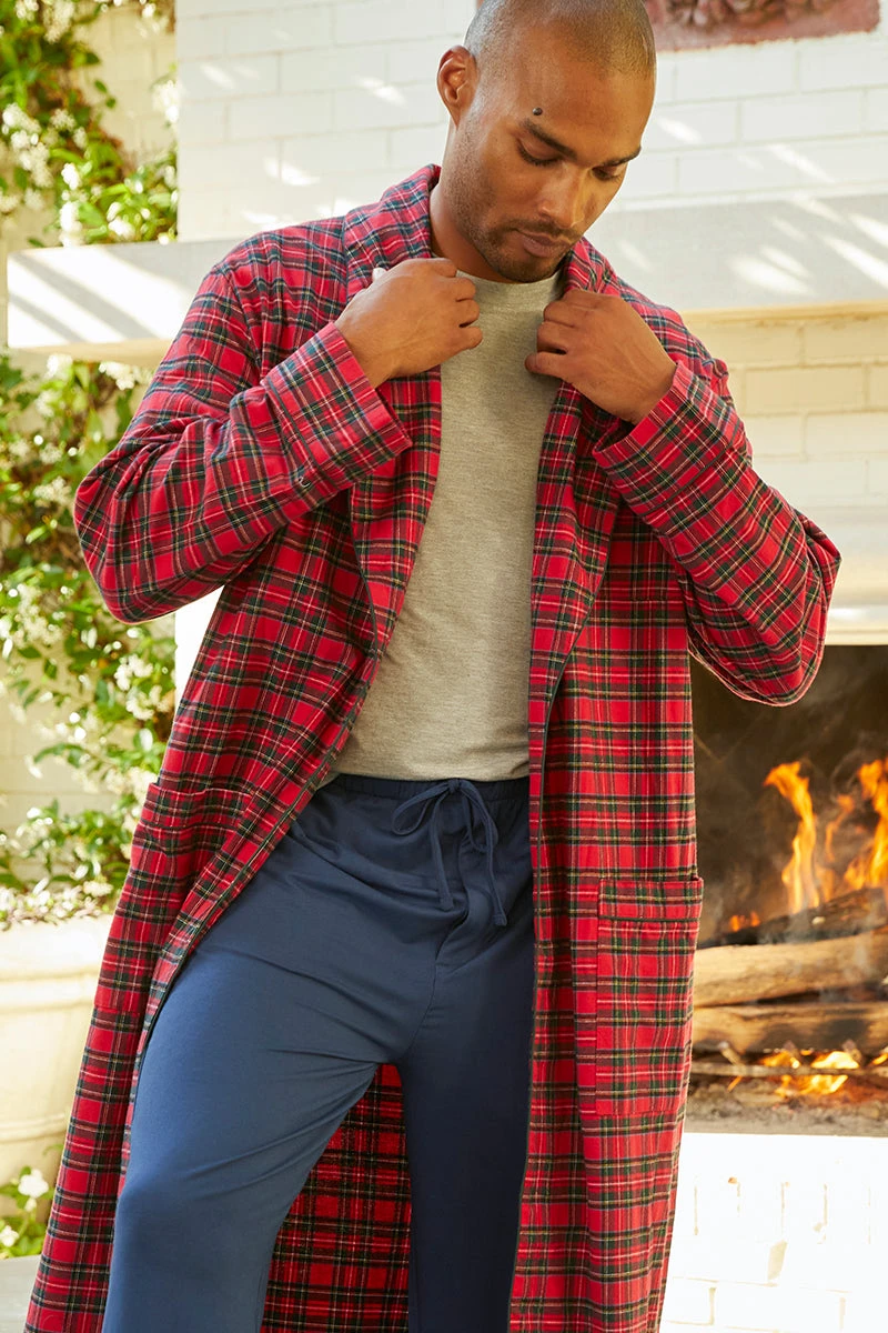 Lake Men's Flannel Robe In Red Tartan 5 Lake Men's Flannel Robe In Red Tartan - Image 3