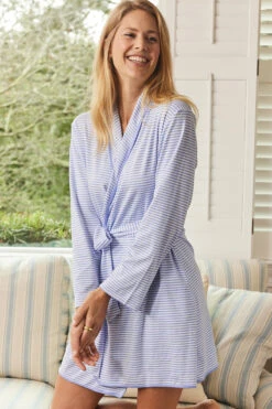 Lake Pima Short Robe In Hydrangea -Sleepwear Shop LAKE Website WebCrop PimaRobe Hydrangea Final 0195