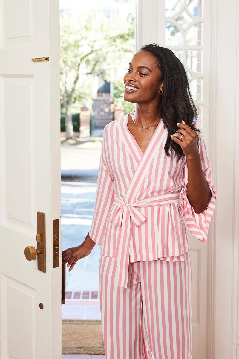 Lake DreamKnit Kimono Pajama Set In Coral Stripe 4 Lake DreamKnit Kimono Pajama Set In Coral Stripe - Image 2
