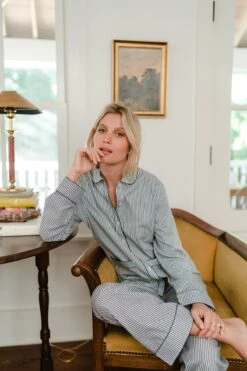 Lake Poplin Piped Pants Set In Navy Stripe -Sleepwear Shop ORJ03510 web 1