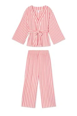 Lake DreamKnit Kimono Pajama Set In Coral Stripe